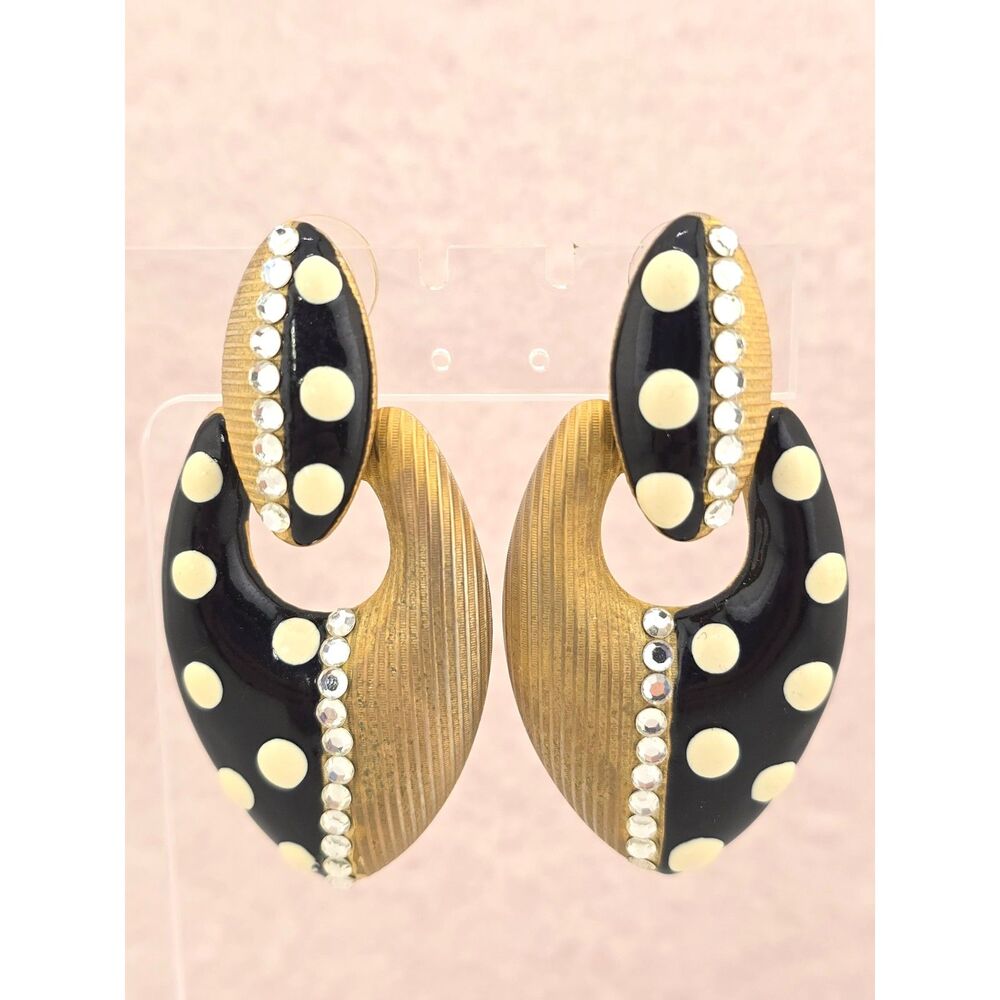 Vintage Door Knocker Earrings 1980's 90's Black Enamel Dots on Gold Tone 3" Y2K